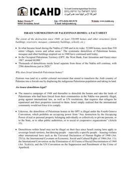 Israel's Demolition of Palestinian Homes: a Fact Sheet