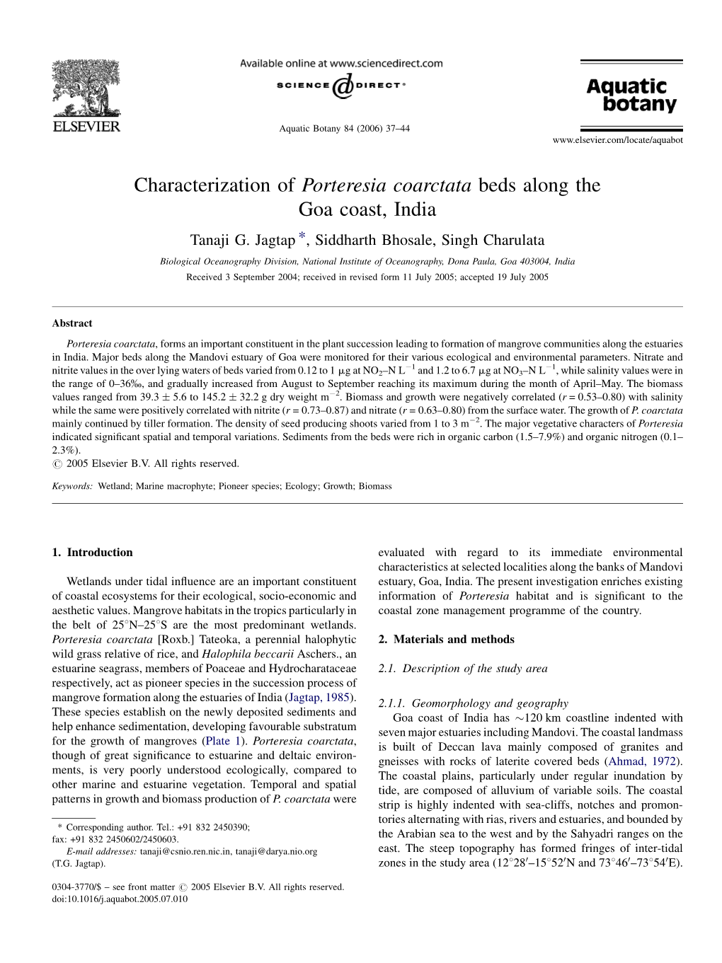 Characterization of Porteresia Coarctata Beds Along the Goa Coast, India Tanaji G