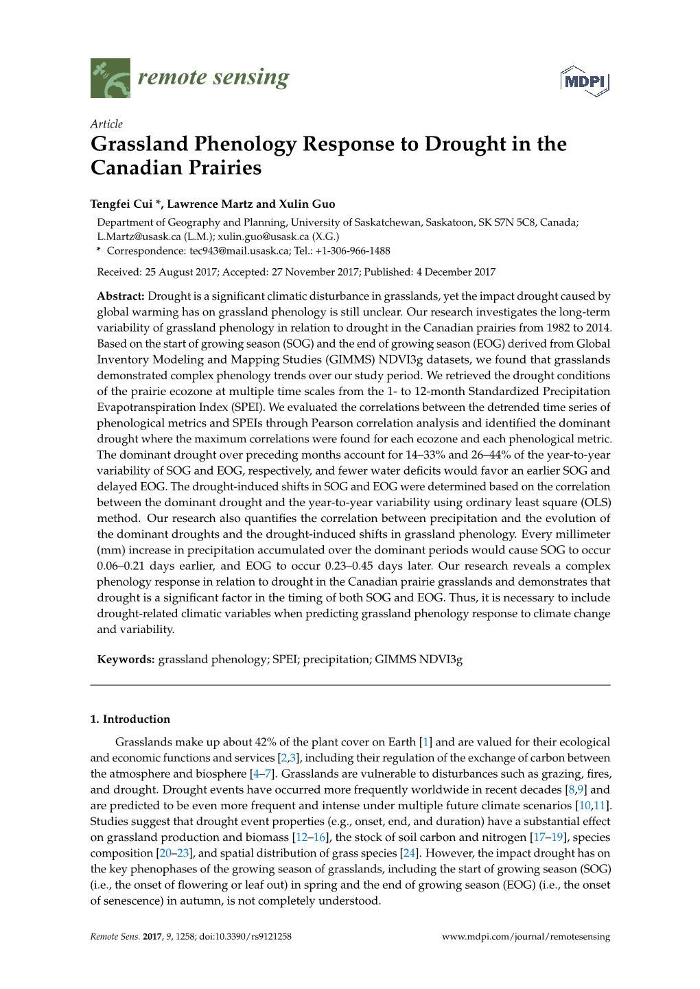 Grassland Phenology Response to Drought in the Canadian Prairies