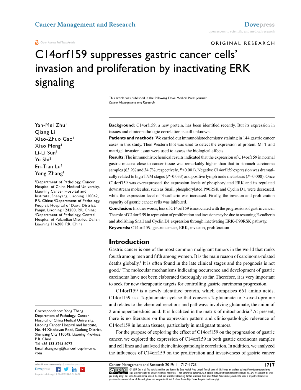 C14orf159 Suppresses Gastric Cancer Cells' Invasion and Proliferation By