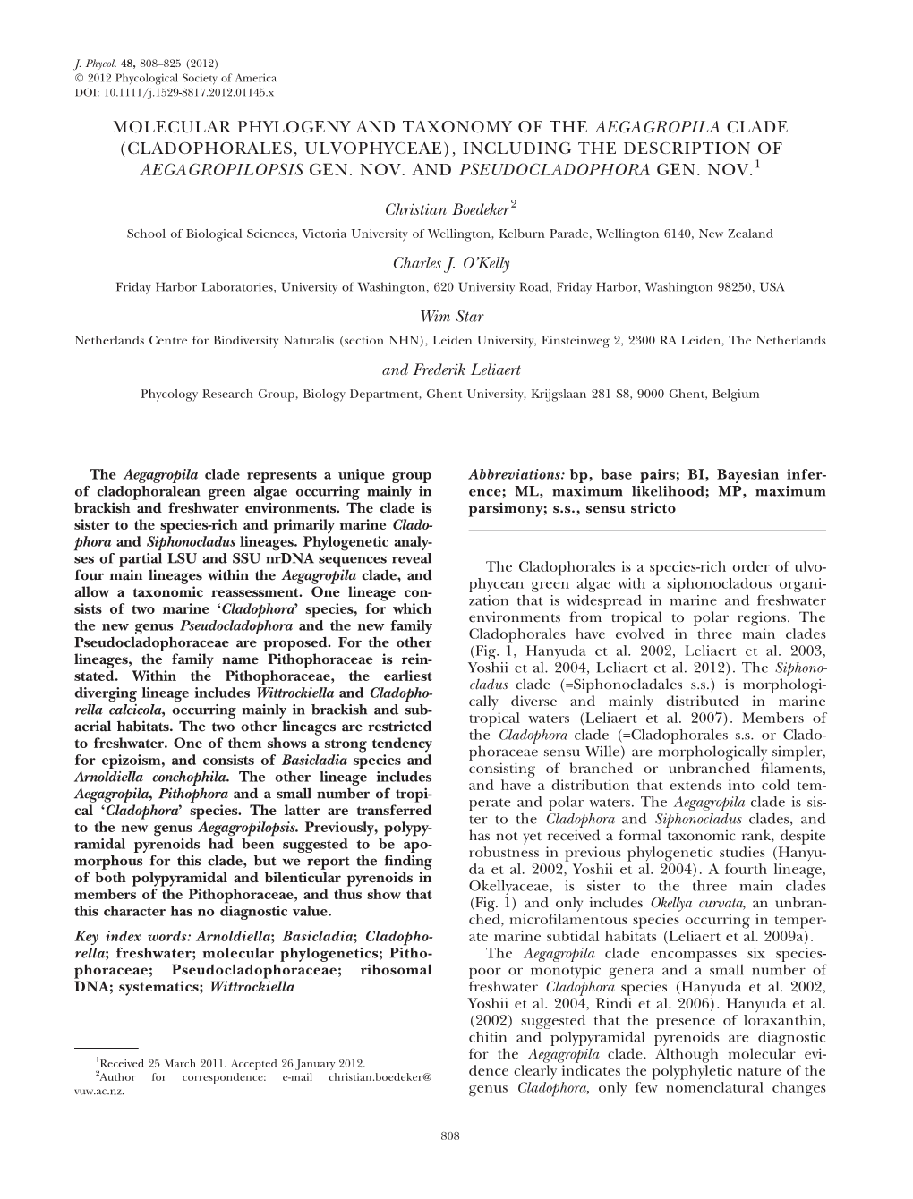 Molecular Phylogeny and Taxonomy of the Aegagropila Clade (Cladophorales, Ulvophyceae), Including the Description of Aegagropilopsis Gen