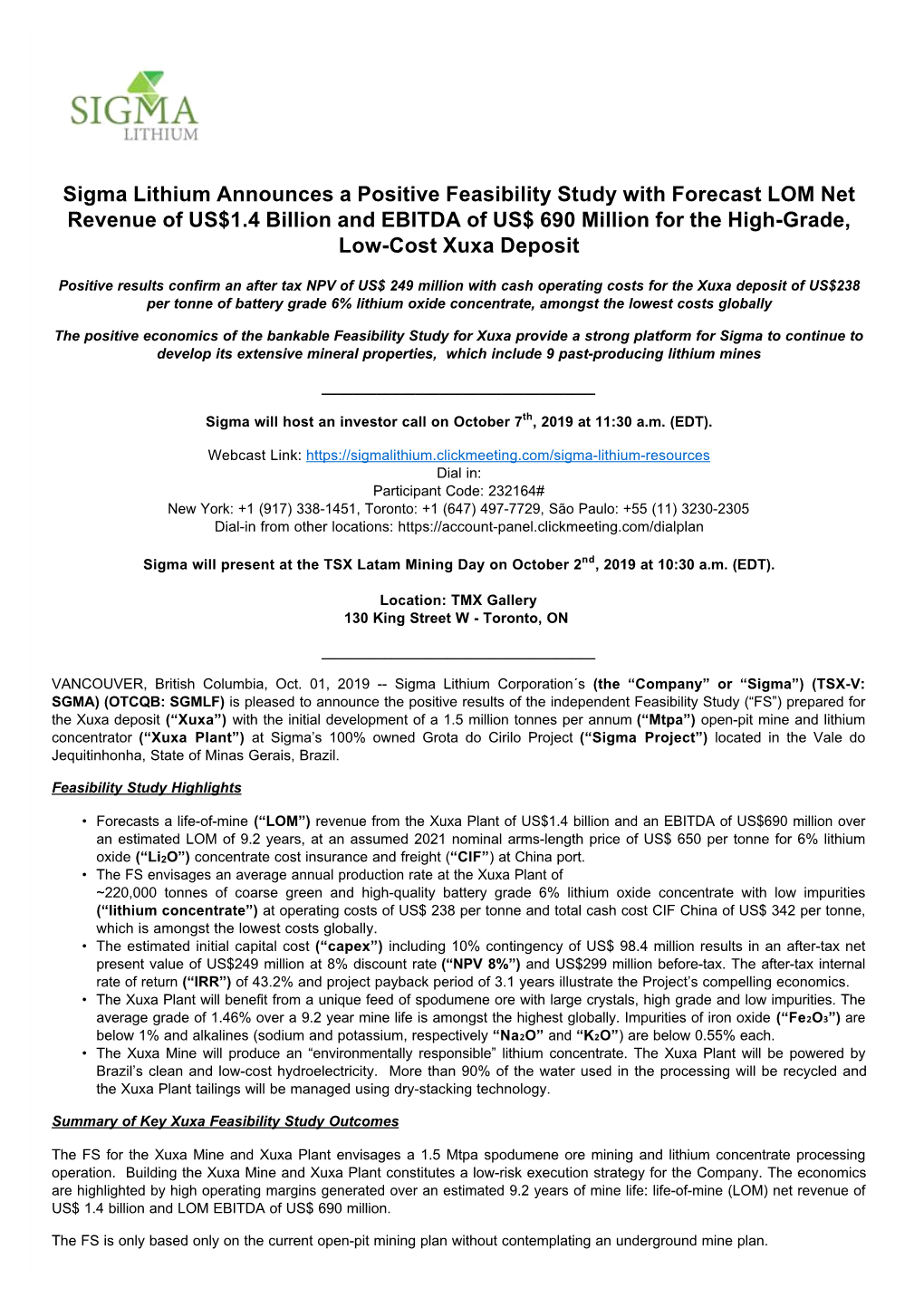 Sigma Lithium Announces a Positive Feasibility Study with Forecast LOM