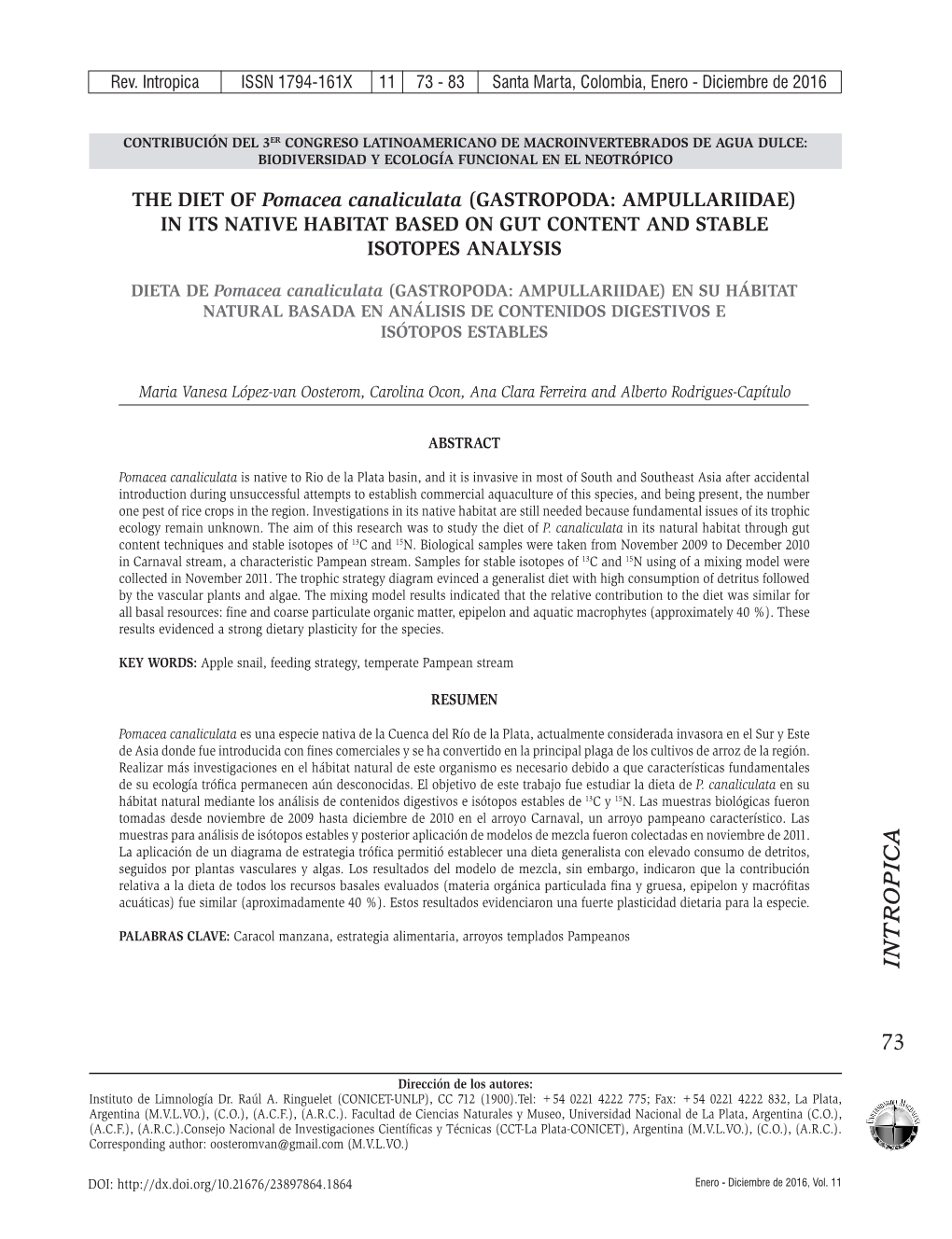 THE DIET of Pomacea Canaliculata (GASTROPODA: AMPULLARIIDAE) in ITS NATIVE HABITAT BASED on GUT CONTENT and STABLE ISOTOPES ANALYSIS