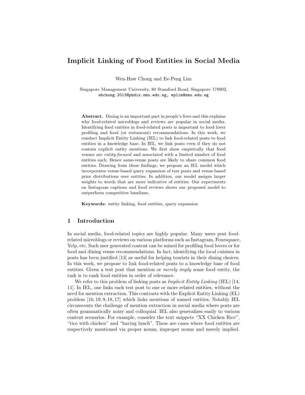 Implicit Linking of Food Entities in Social Media