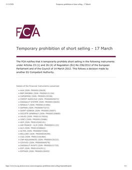 Temporary Prohibition of Short Selling - 17 March