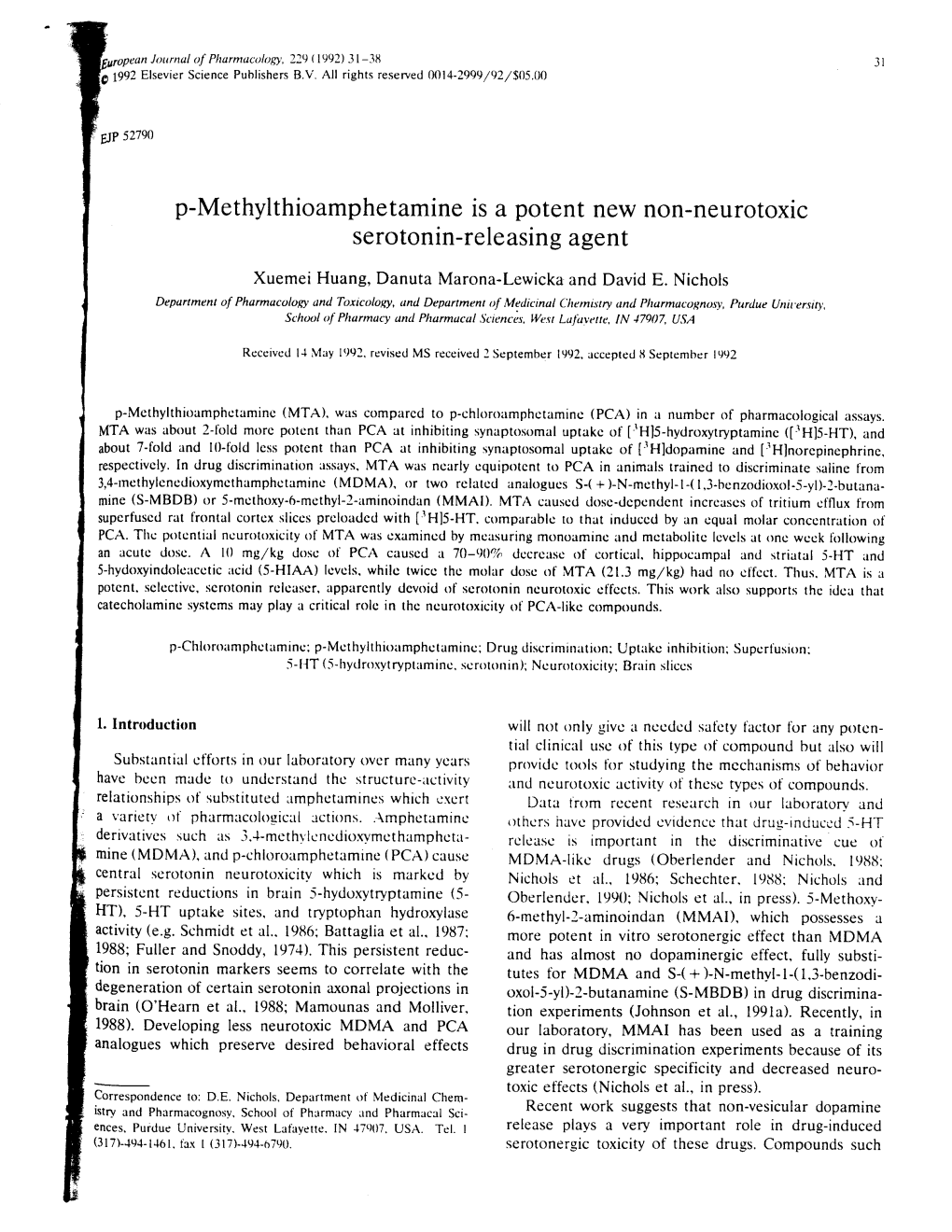 P-Methylthioamphetamine Is a Potent New Non-Neurotoxic Serotonin-Releasing Agent