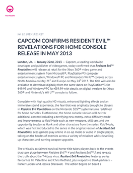Capcom Confirms Resident Evil™ Revelations for Home Console Release in May 2013