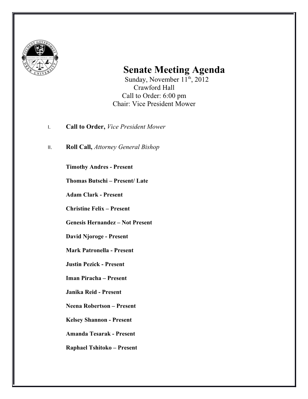 Senate Meeting Agenda