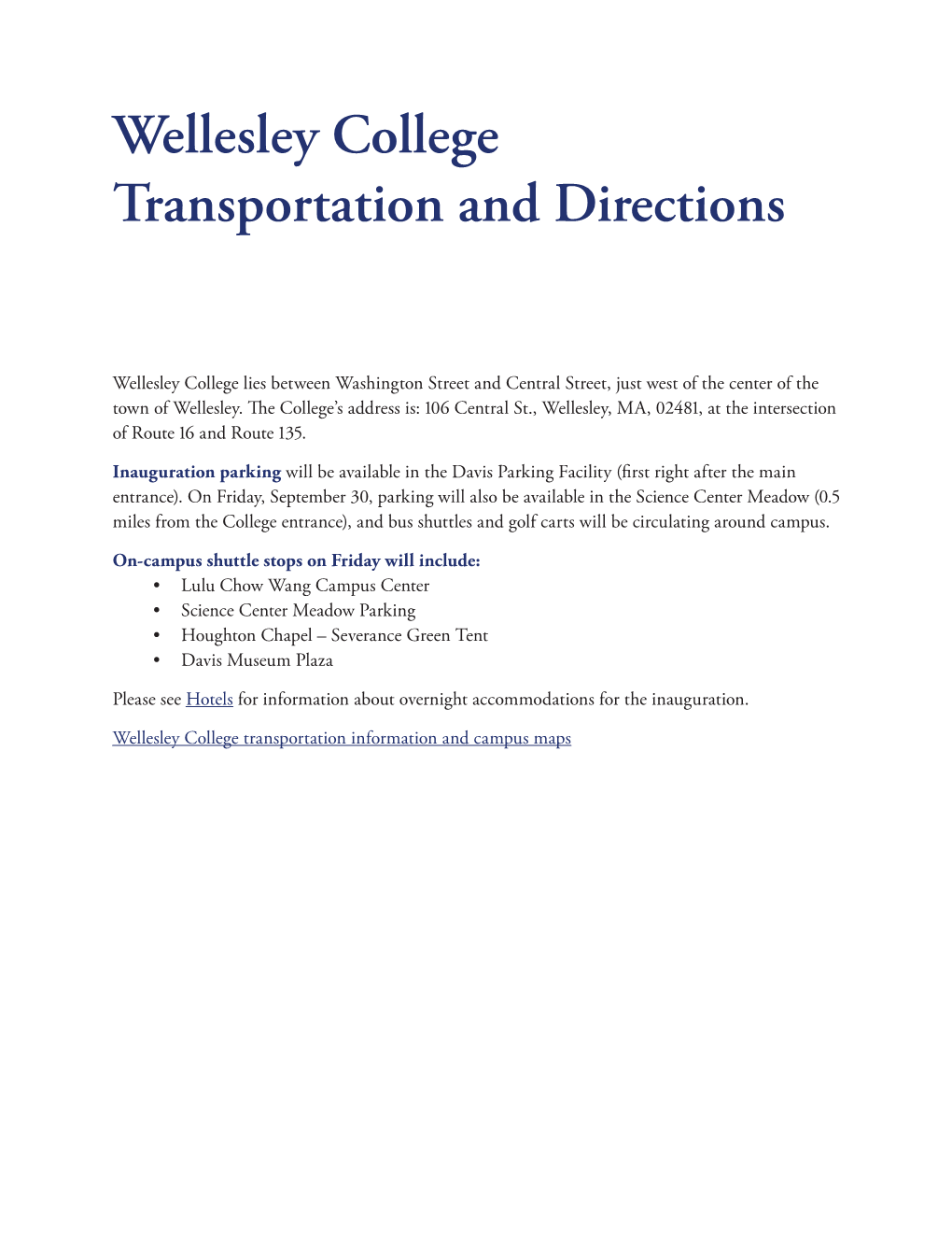 Wellesley College Transportation and Directions