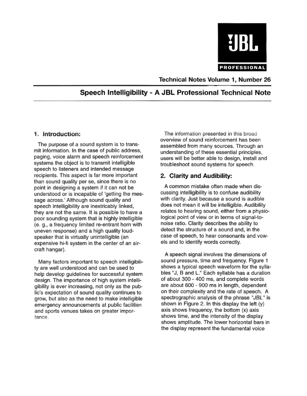 Speech Intelligibility - a JBL Professional Technical Note