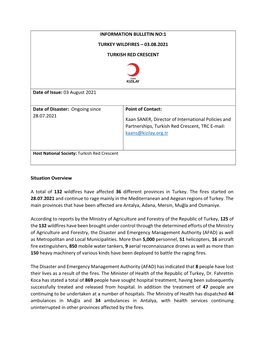 INFORMATION BULLETIN NO:1 TURKEY WILDFIRES – 03.08.2021 TURKISH RED CRESCENT Date of Issue
