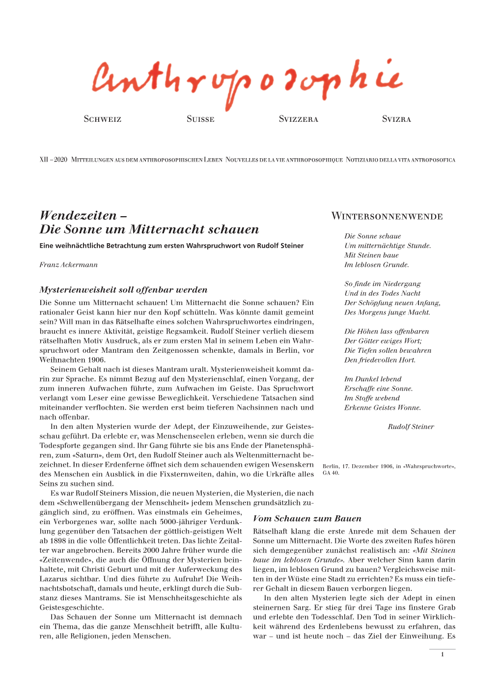 Wendezeiten – Die Sonne Um Mitternacht Schauen 1 Unabhängige Beilage Zur Wochenschrift «Das Goetheanum», Nr