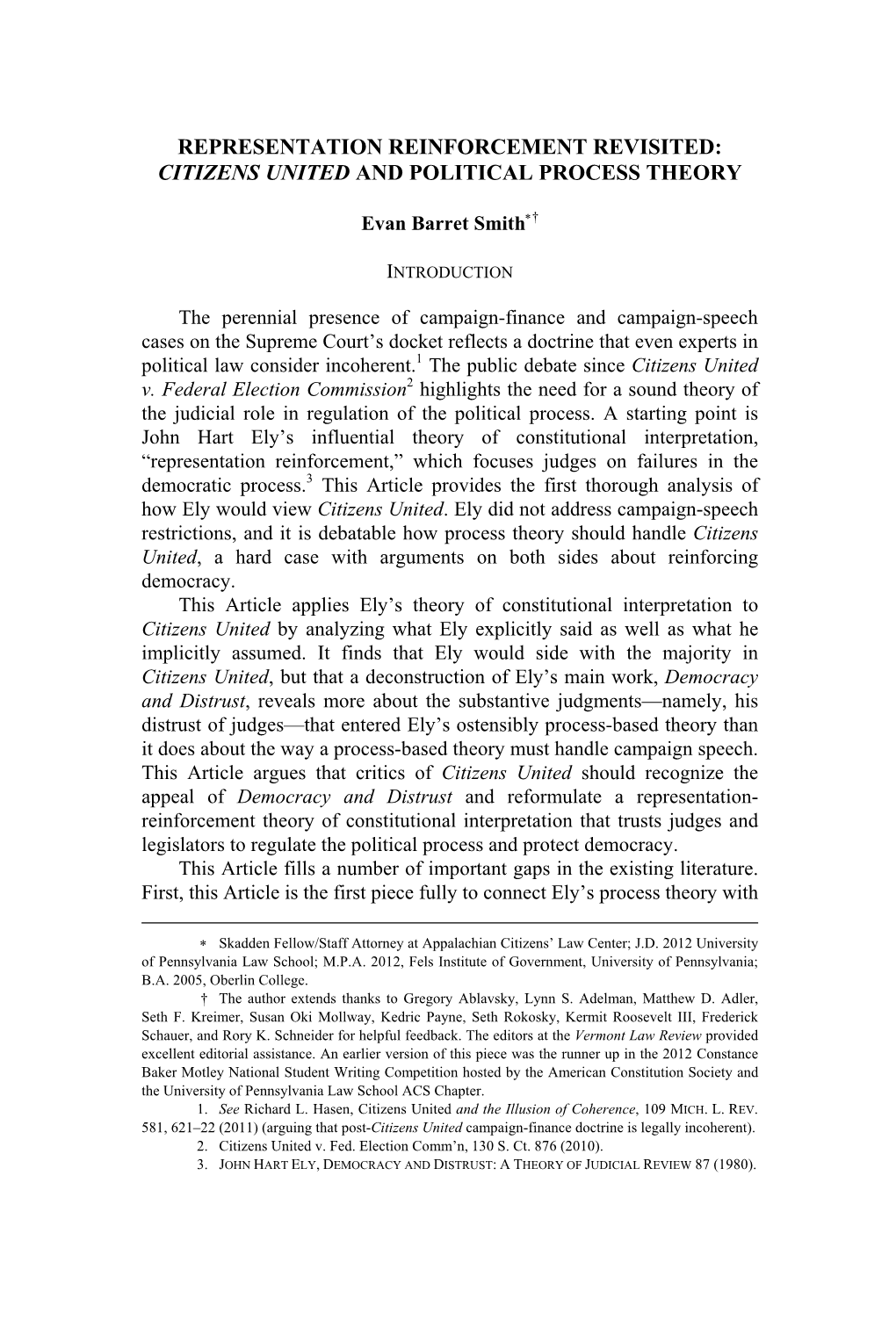 Representation Reinforcement Revisited: Citizens United and Political Process Theory