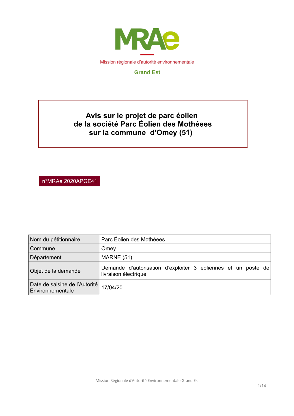 Avis Sur Le Projet De Parc Éolien De La Société Parc Éolien Des Mothéees Sur La Commune D’Omey (51)