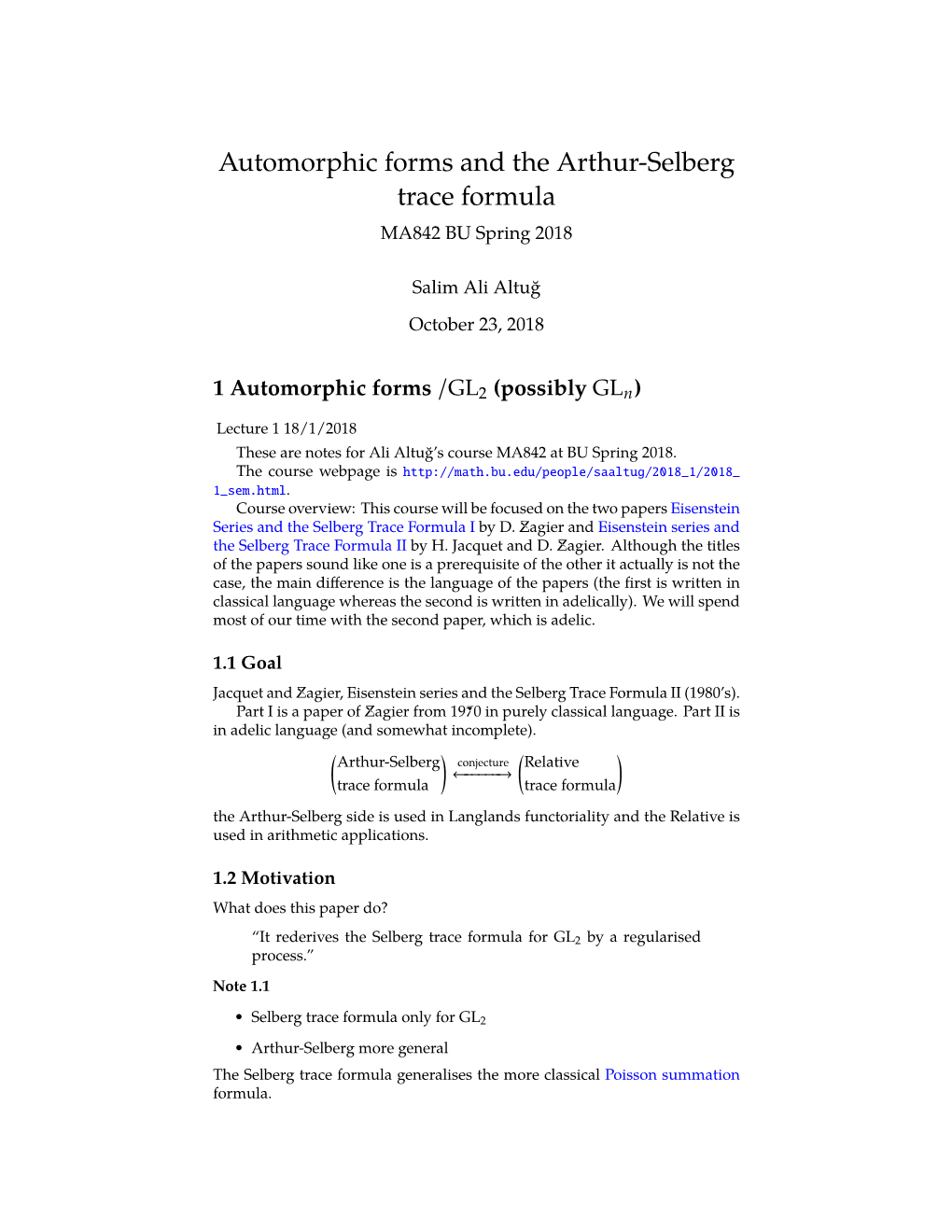 Pdf Notes on Automorphic Forms and the Arthur-Selberg Trace Formula