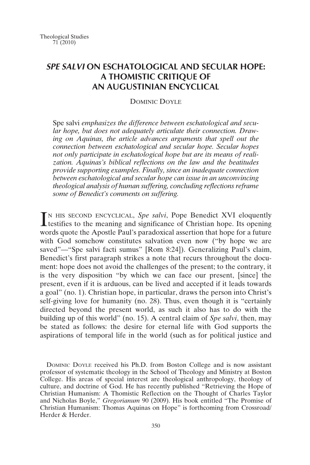 Spe Salvi on Eschatological and Secular Hope: a Thomistic Critique of an Augustinian Encyclical