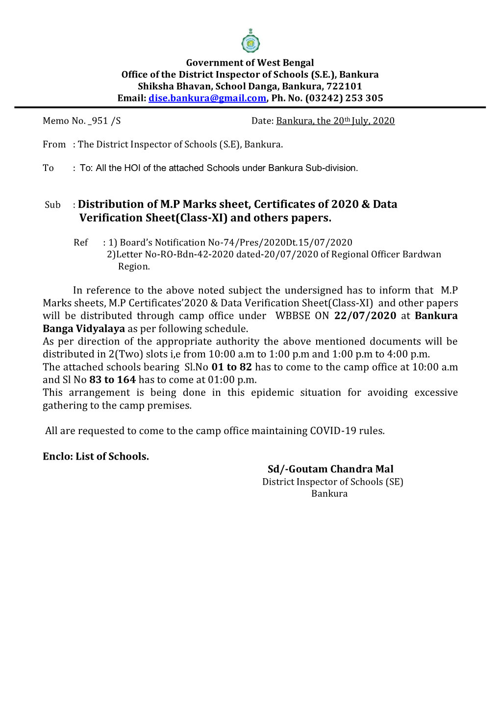Sub : Distribution of M.P Marks Sheet, Certificates of 2020 & Data