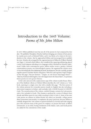 Introduction to the 1645 Volume: Poems of Mr. John Milton