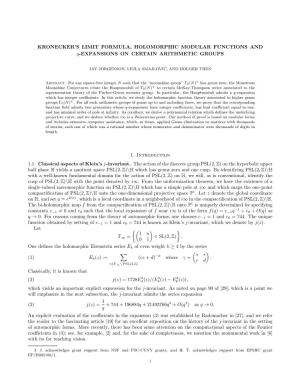 Kronecker's Limit Formula, Holomorphic Modular