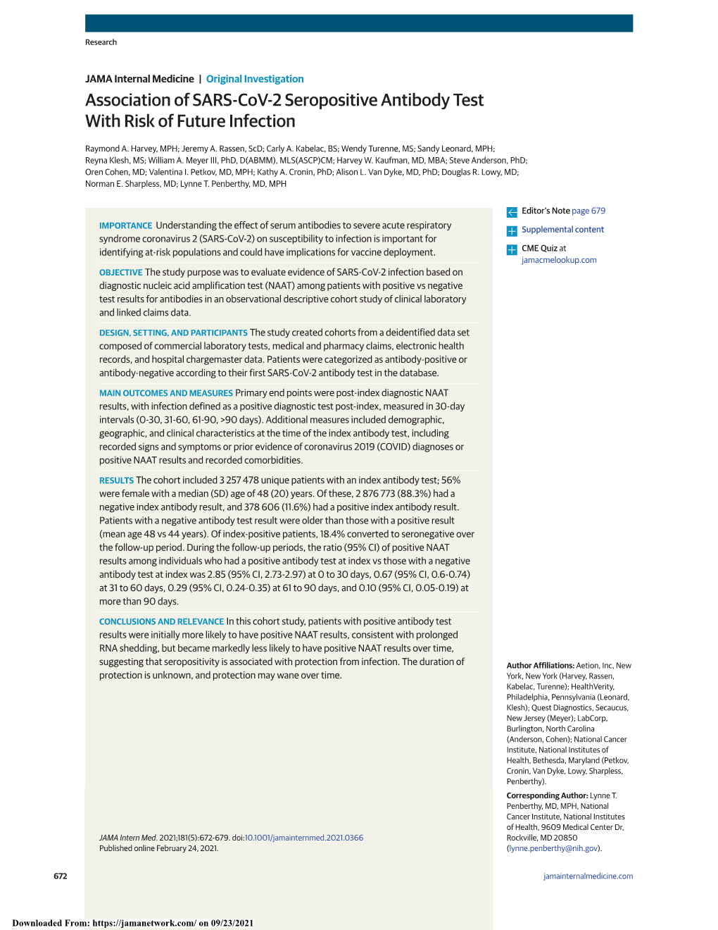 Association of SARS-Cov-2 Seropositive Antibody Test with Risk of Future Infection