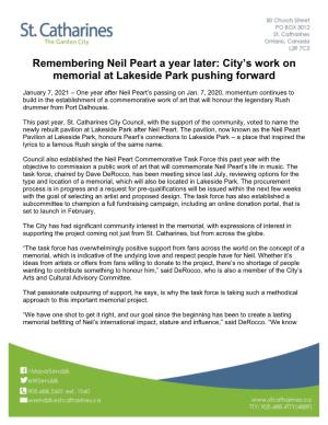 Remembering Neil Peart a Year Later: City's Work on Memorial at Lakeside Park Pushing Forward