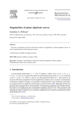 Singularities of Plane Algebraic Curves Jonathan A