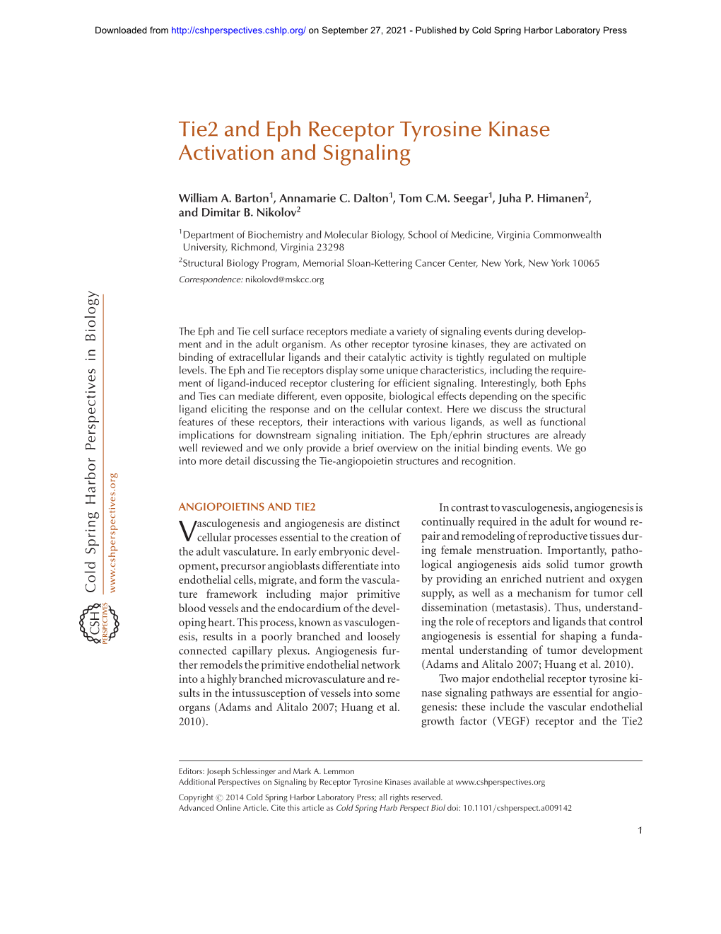 Tie2 and Eph Receptor Tyrosine Kinase Activation and Signaling