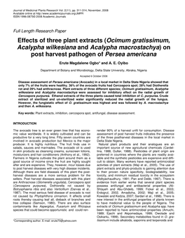 Effects of Three Plant Extracts (Ocimum Gratissimum , Acalypha Wilkesiana and Acalypha Macrostachya ) on Post Harvest Pathogen