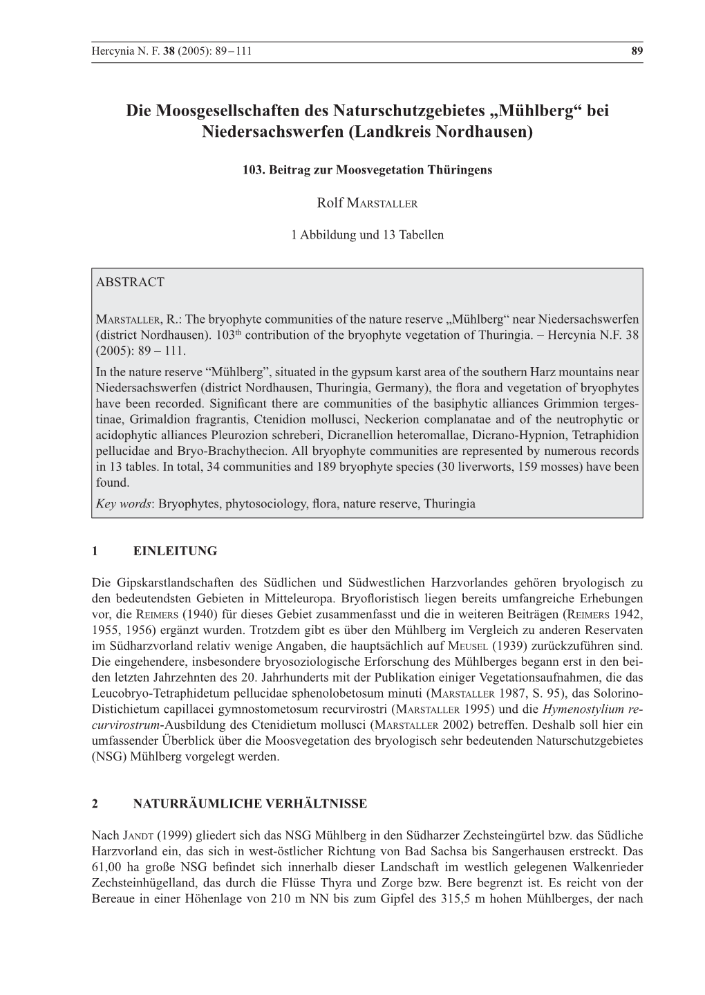 Die Moosgesellschaften Des Naturschutzgebietes „Mühlberg“ Bei Niedersachswerfen (Landkreis Nordhausen)