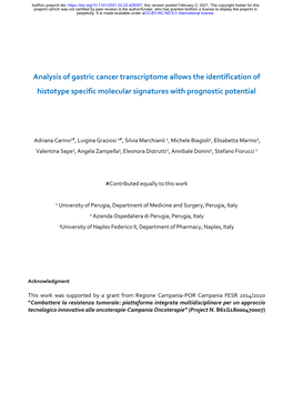 Analysis of Gastric Cancer Transcriptome Allows the Identification of Histotype Specific Molecular Signatures with Prognostic Potential