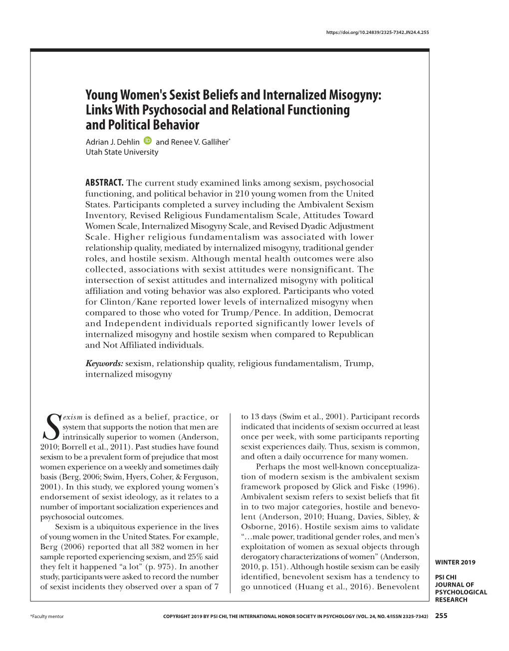 Young Women's Sexist Beliefs and Internalized Misogyny: Links with Psychosocial and Relational Functioning and Political Behavior Adrian J