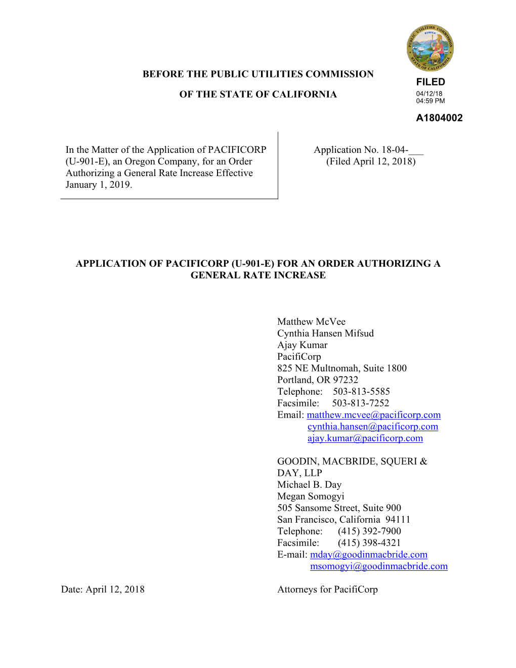 Before the Public Utilities Commission Filed of the State of California 04/12/18 04:59 Pm A1804002