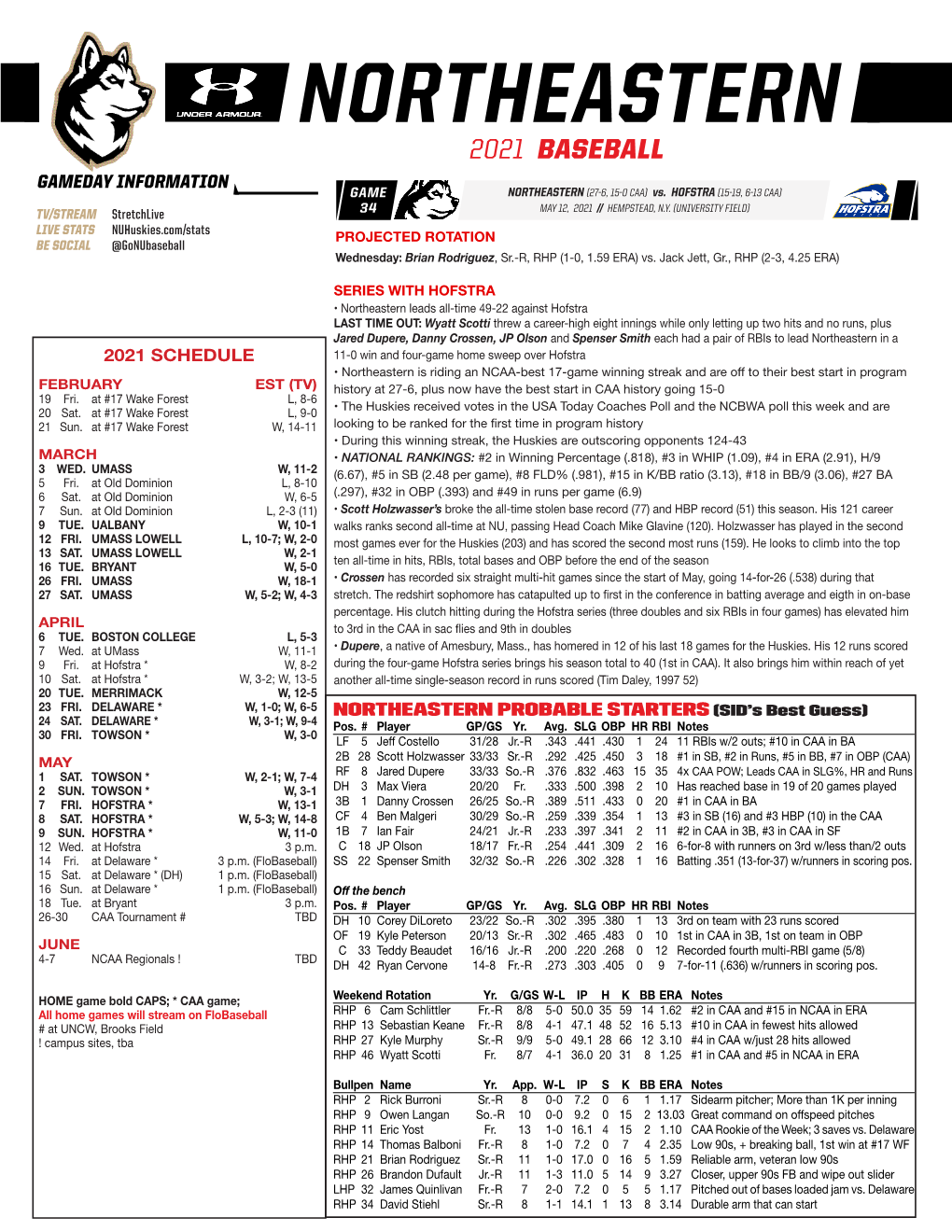 NORTHEASTERN 2021 BASEBALL GAMEDAY INFORMATION GAME NORTHEASTERN (27-6, 15-0 CAA) Vs