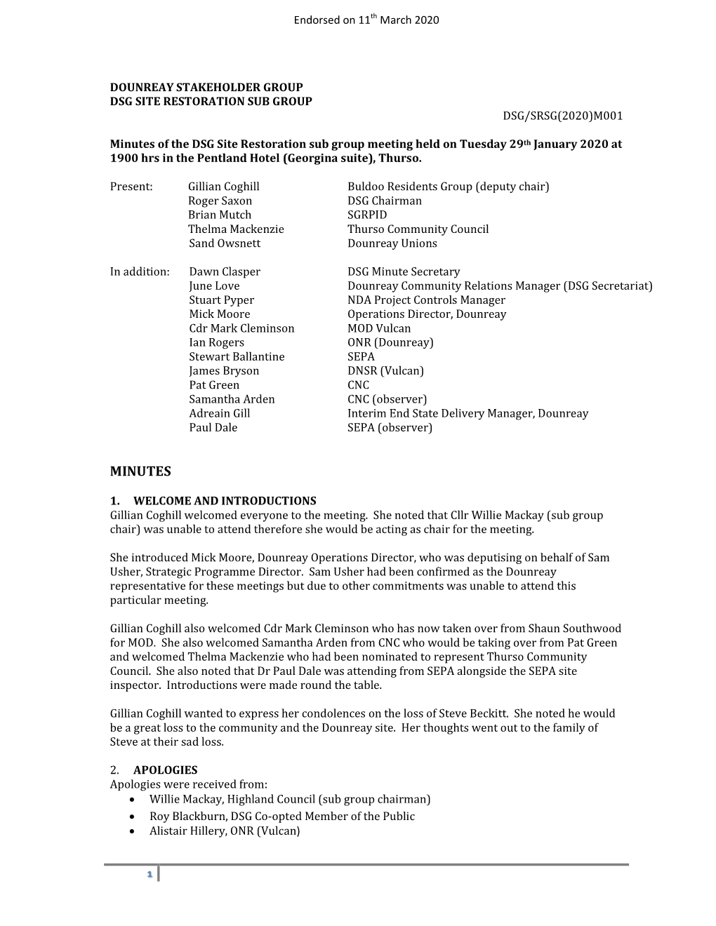 Minutes of the DSG Site Restoration Sub Group Meeting Held on Tuesday 29 Th January 2020 at 1900 Hrs in the Pentland Hotel (Georgina Suite), Thurso