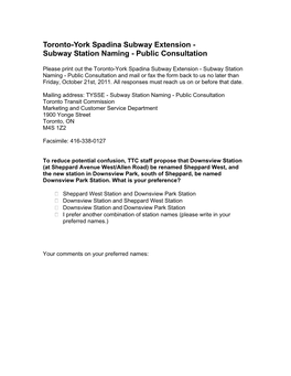 Toronto-York Spadina Subway Extension - Subway Station Naming - Public Consultation