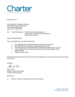 RE: Franchise Renewal - Time Warner Cable Northeast LLC Locally Known As Charter Communications with the City of Rome