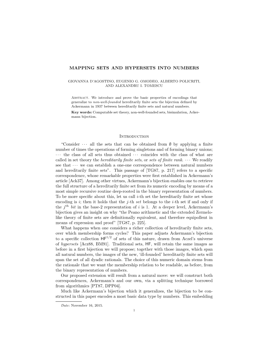 MAPPING SETS and HYPERSETS INTO NUMBERS Introduction