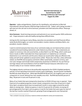 Marriott International, Inc. Second Quarter 2020 Earnings Conference Call Transcript1 August 10, 2020