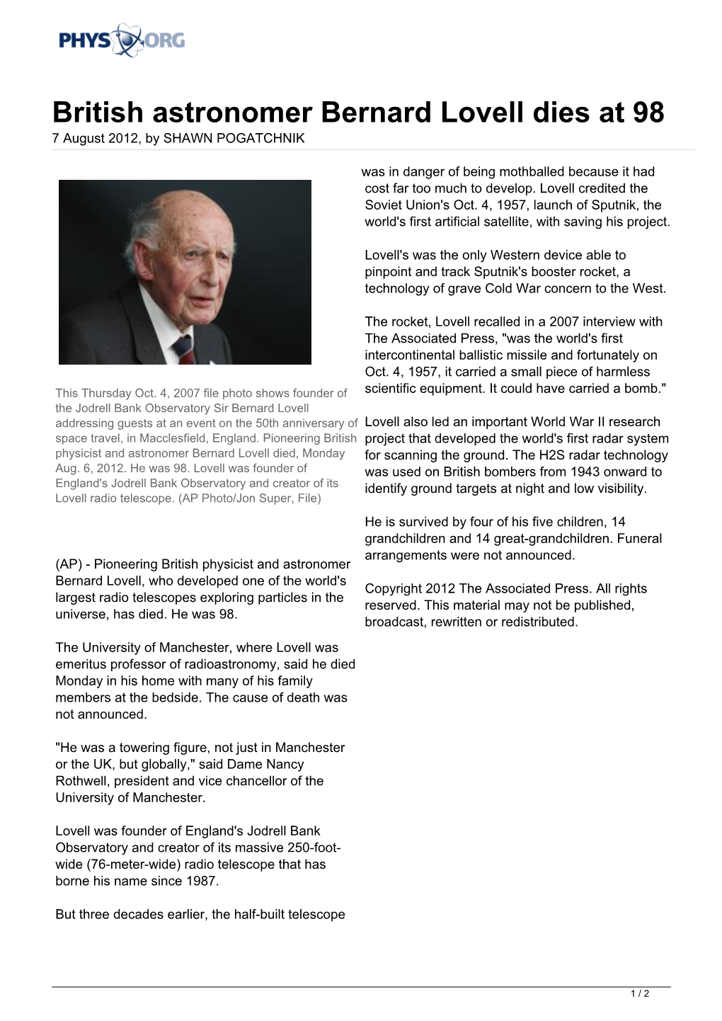 British Astronomer Bernard Lovell Dies at 98 7 August 2012, by SHAWN POGATCHNIK