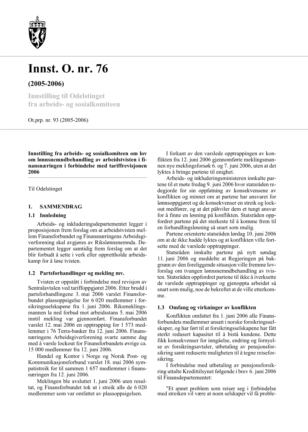 Innst. O. Nr. 76 (2005-2006) Innstilling Til Odelstinget Fra Arbeids- Og Sosialkomiteen