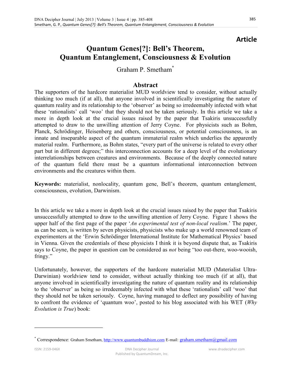 Bell Fs Theorem, Quantum Entanglement, Consciousness