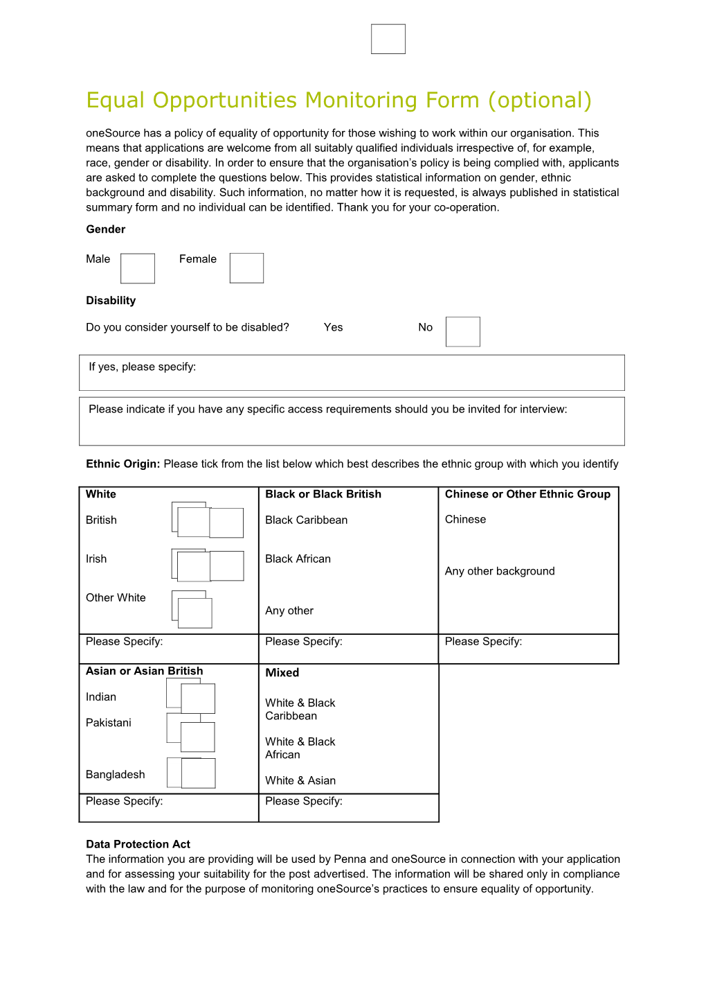 Equal Opportunities Monitoring Form (Optional)