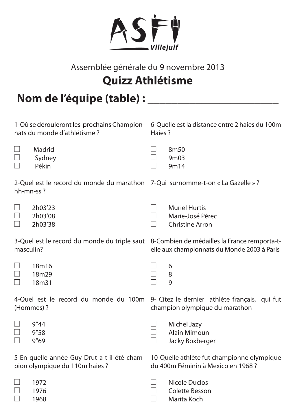 Quizz Athlétisme Nom De L’Équipe (Table) : ______