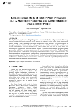 Ethnobotanical Study of Pitcher Plant (Nepenthes Sp.): a Medicine for Diarrhea and Gastroenteritis of Dayak Sampit People