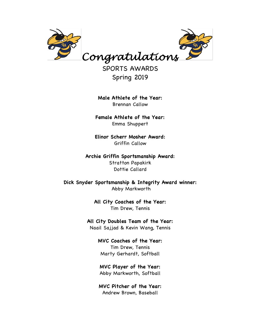 Congratulations SPORTS AWARDS Spring 2019