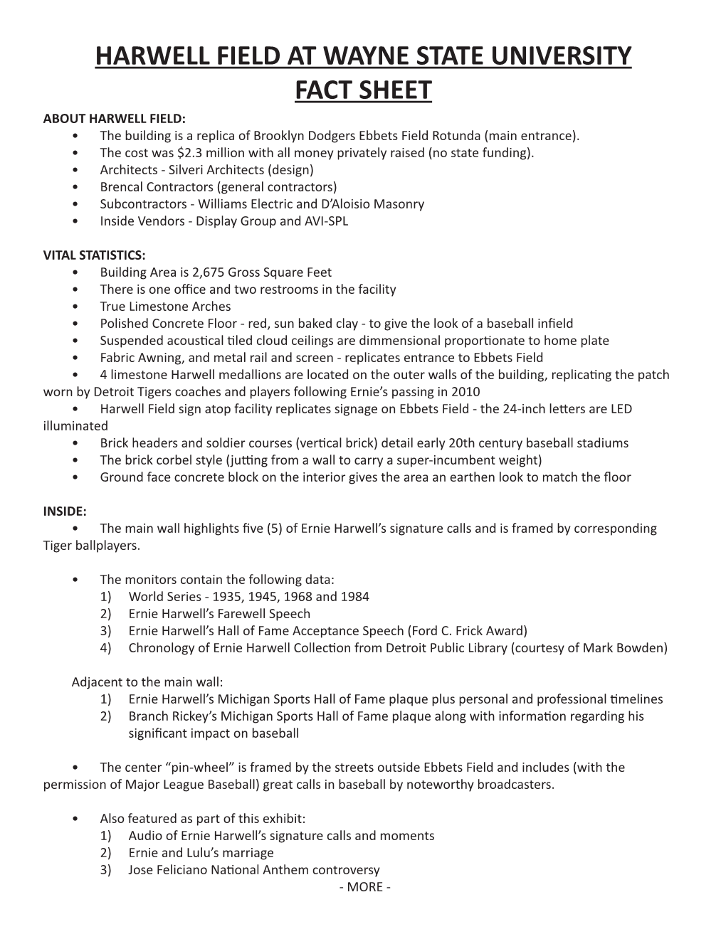 HARWELL FIELD at WAYNE STATE UNIVERSITY FACT SHEET ABOUT HARWELL FIELD: • the Building Is a Replica of Brooklyn Dodgers Ebbets Field Rotunda (Main Entrance)