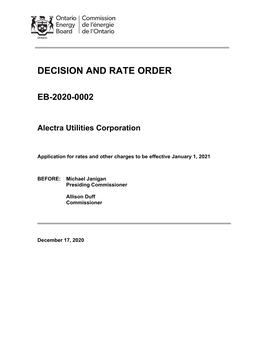 Decision and Rate Order for Alectra 2021
