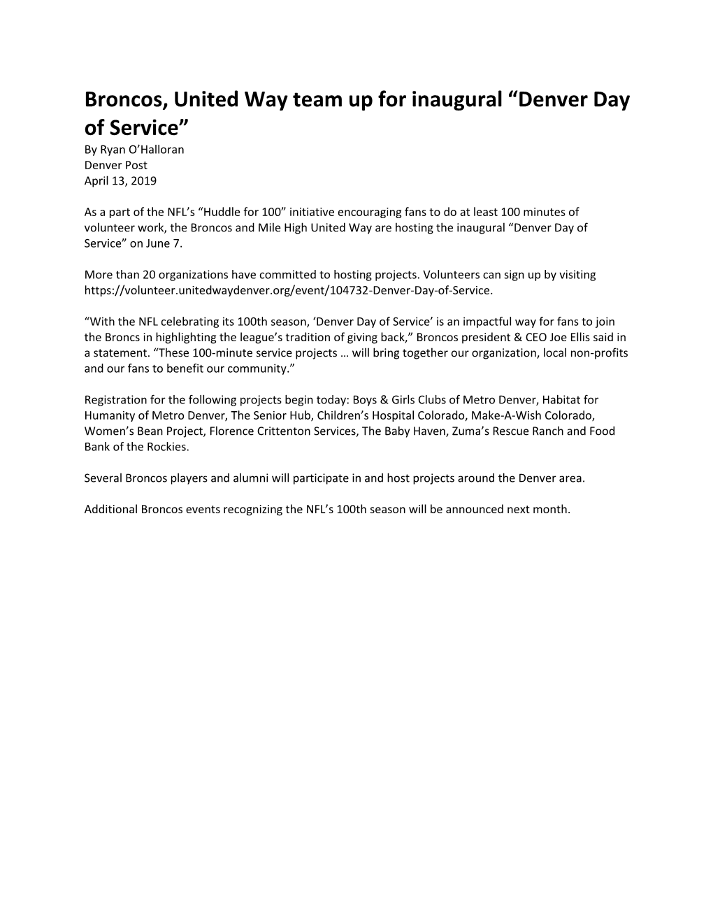 Broncos, United Way Team up for Inaugural “Denver Day of Service” by Ryan O’Halloran Denver Post April 13, 2019