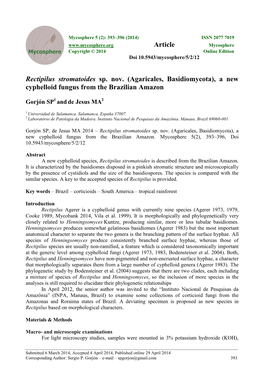 Rectipilus Stromatoides Sp. Nov. (Agaricales, Basidiomycota), a New Cyphelloid Fungus from the Brazilian Amazon Article