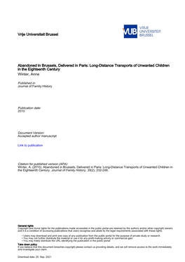 Vrije Universiteit Brussel Abandoned in Brussels, Delivered in Paris: Long-Distance Transports of Unwanted Children in the Eight